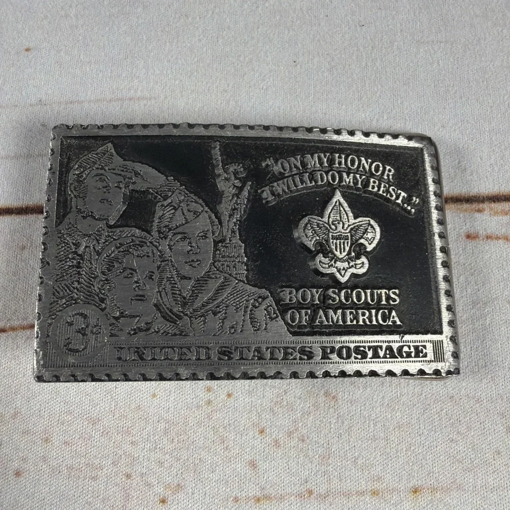 Vintage Boy Scouts BSA 3 Cent Stamp Belt Buckle Pewter Dory USA Collectible